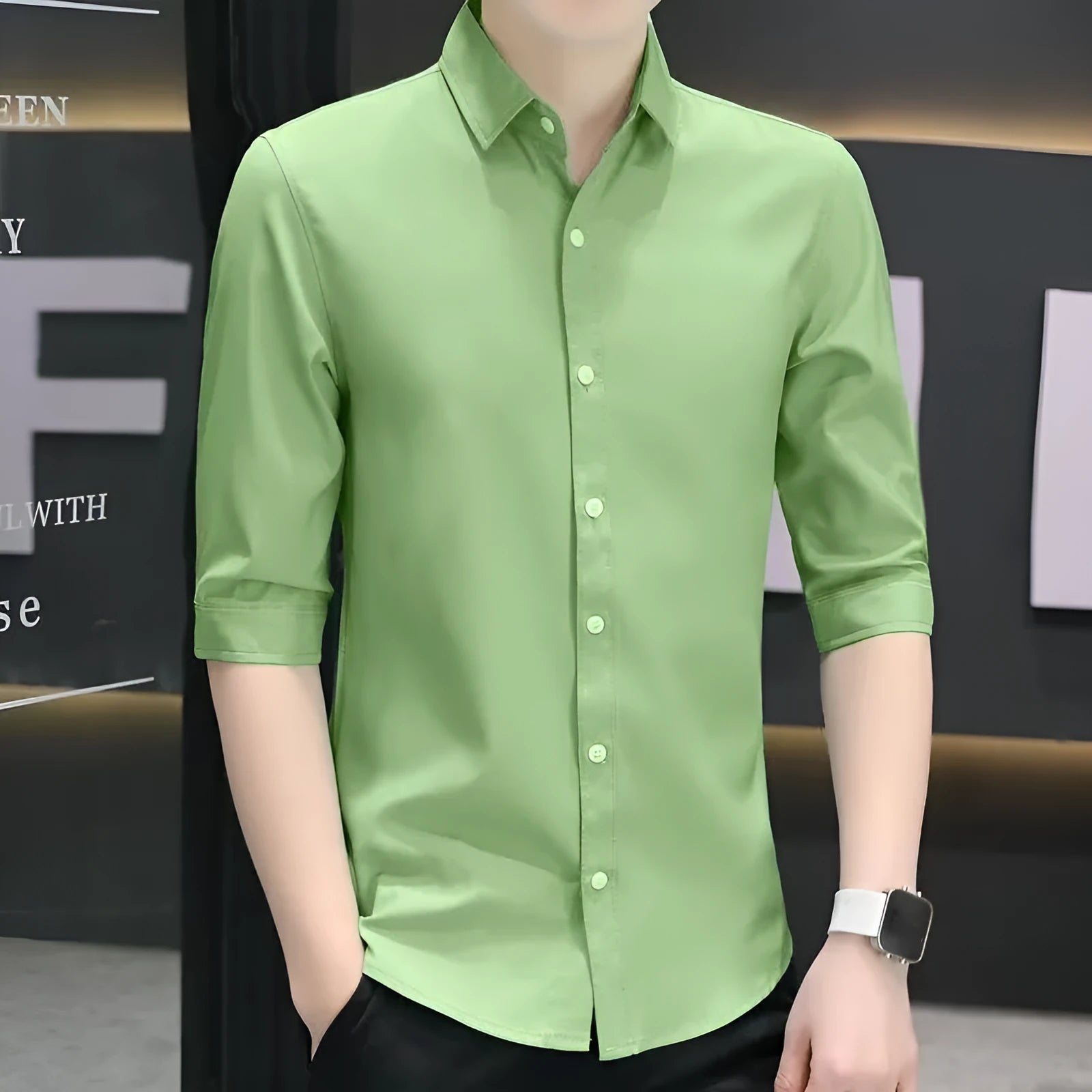 Men's slim-fit linen-blend half-sleeve shirt in light blue on a hanger.