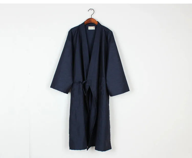 Men's woven cotton gauze nightgown mid-length home bathrobe in gray robe, front view