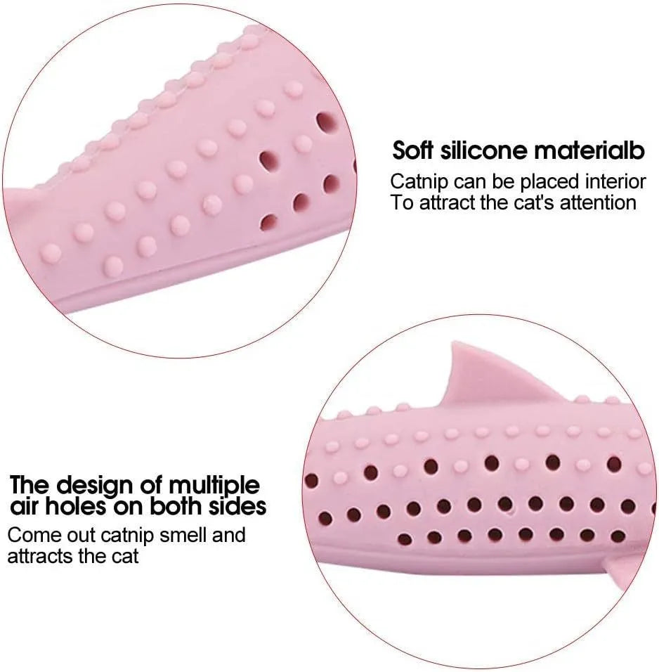 Green silicone fish-shaped cat chew toy with breathable side holes