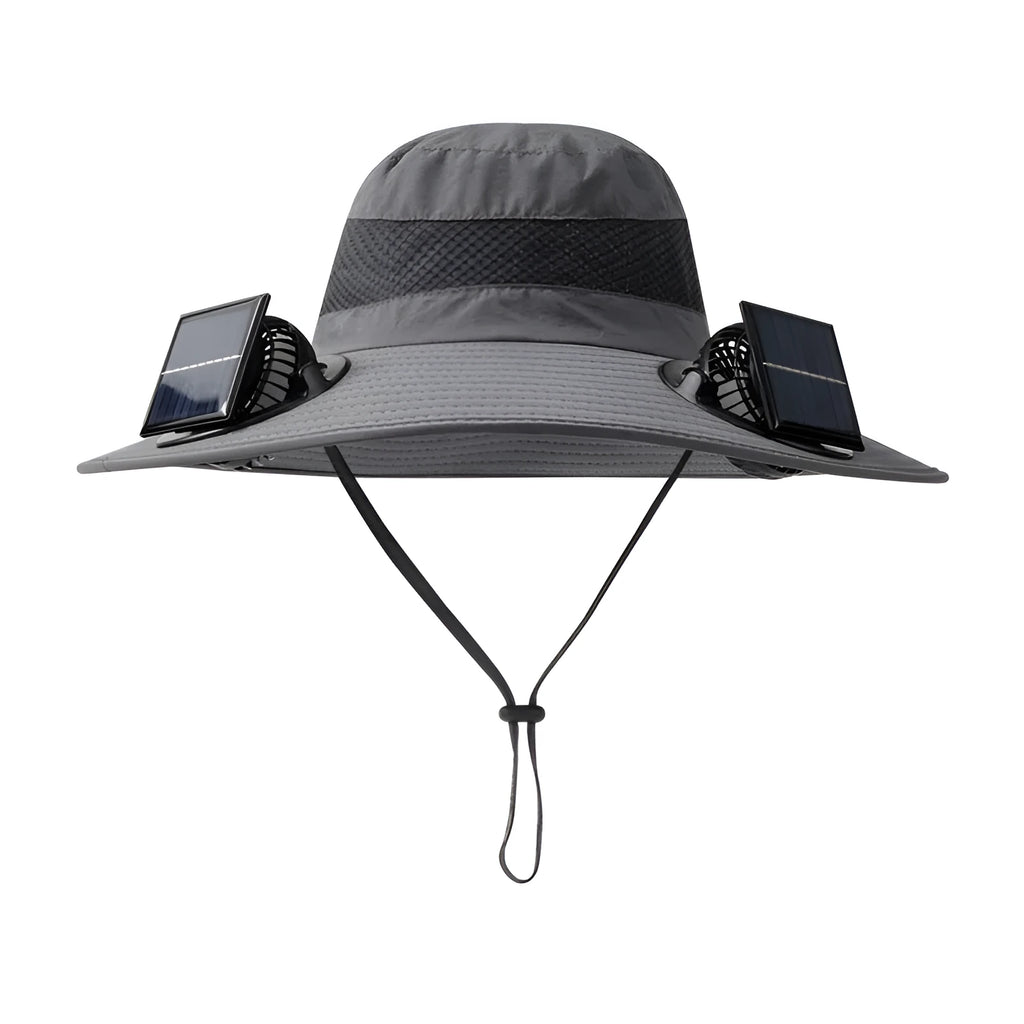 Solar-powered fan hat with integrated cooling fan and solar panel on brim