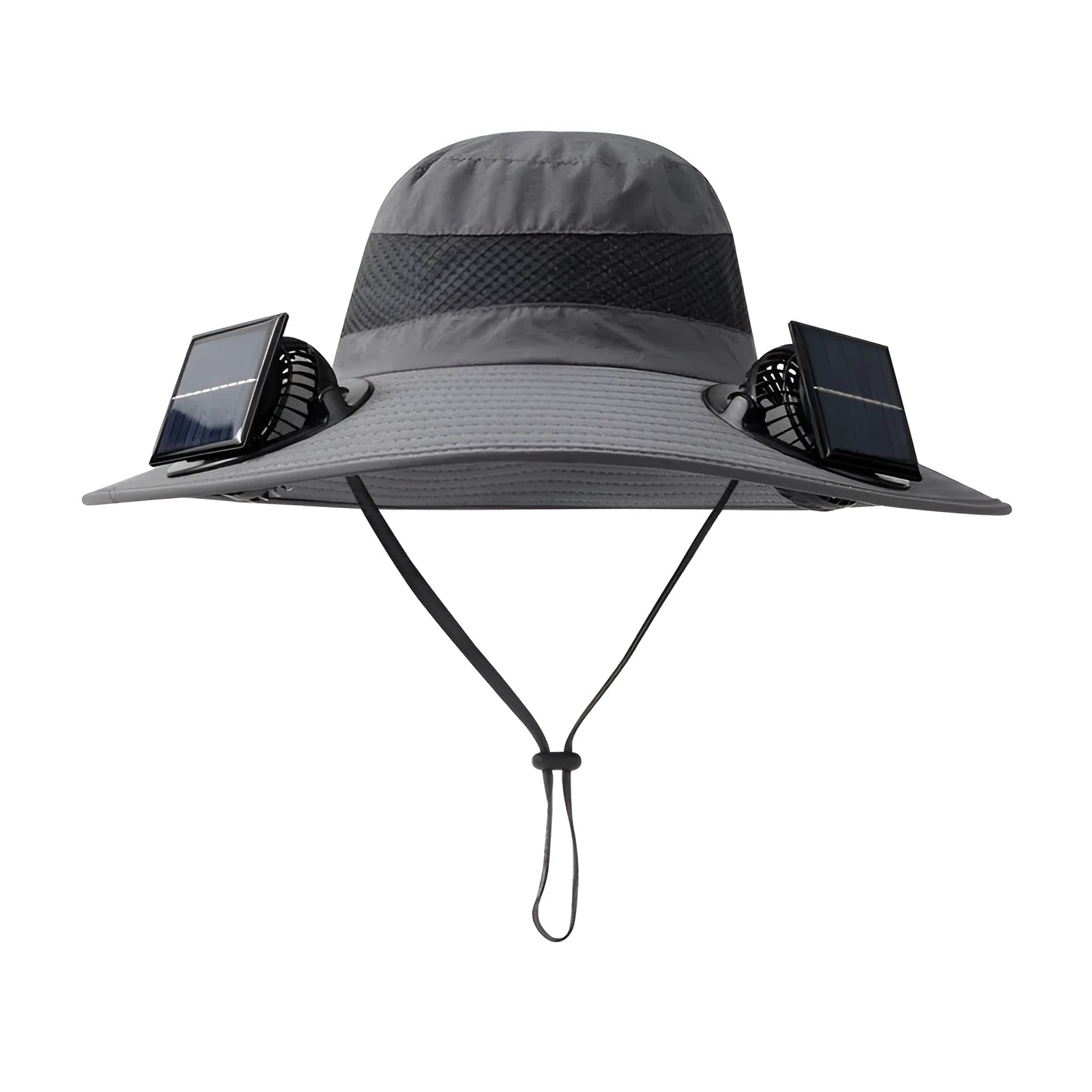 Solar-powered fan hat with integrated cooling fan and solar panel on brim