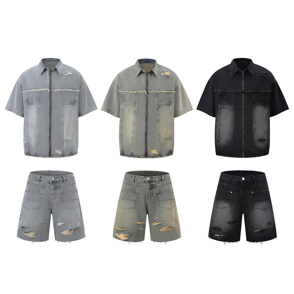 Denim style overalls suit with short sleeve top and matching trousers in loose fit streetwear design