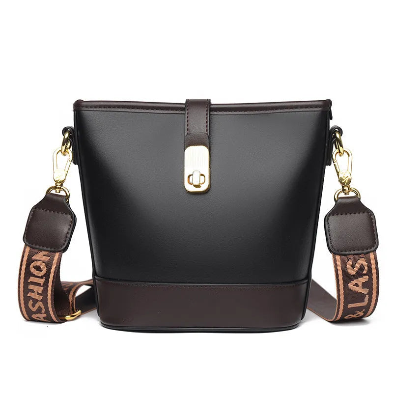 Korean style black bucket shoulder bag with adjustable straps and organised interior compartments