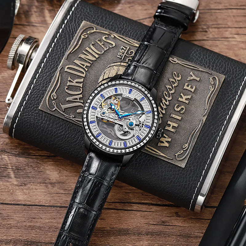 Men's luxury zircon dial waterproof mechanical watch on wrist with transparent case back