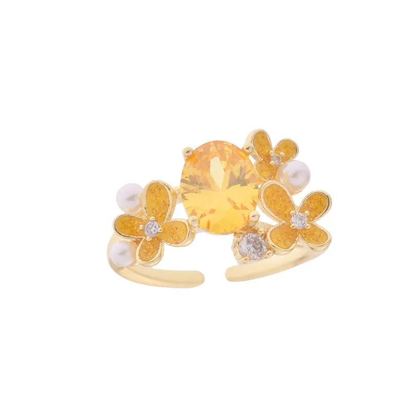 Flower pearl zircon open ring in yellow or light purple with floral design and adjustable opening