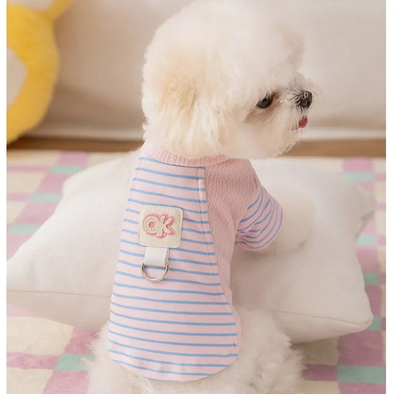 Cute striped dog shirt with metal belt loop, green and blue-green stripes, on a small dog