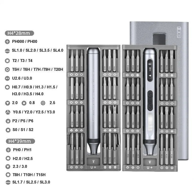 Precision electric screwdriver with aluminium alloy handle, showing compact 134.5mm length design.