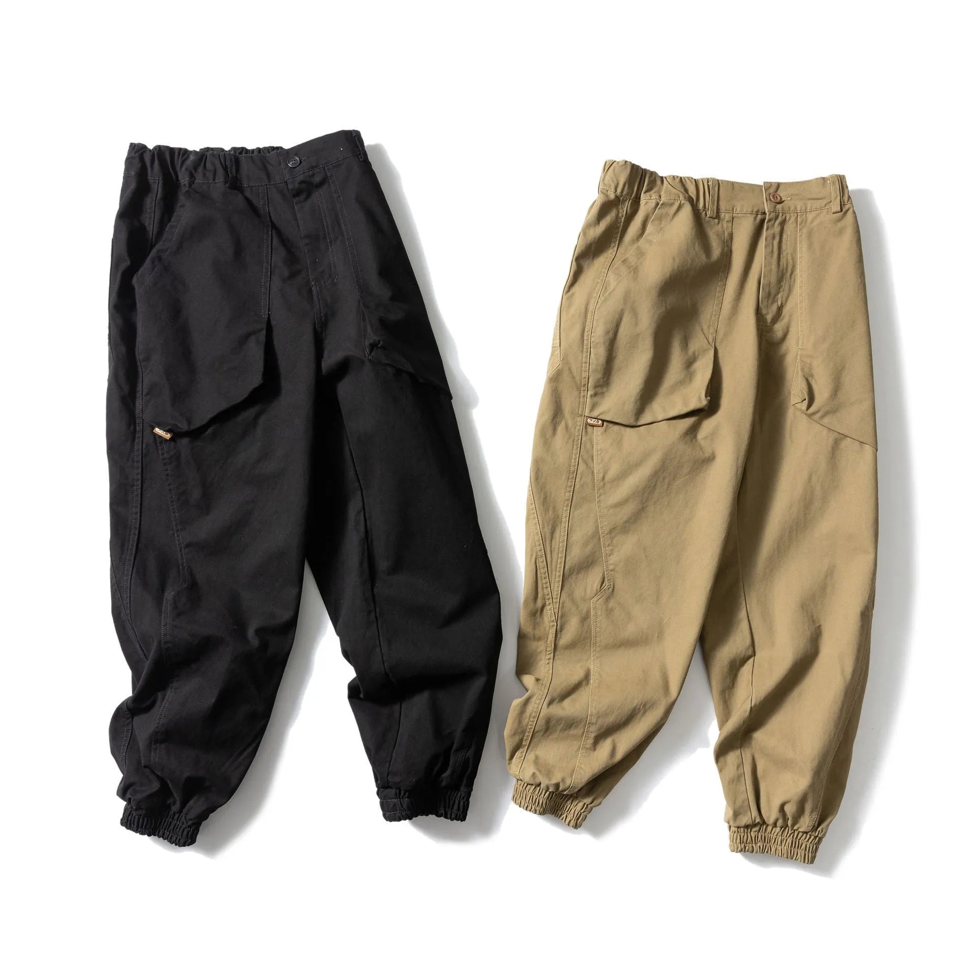 Cotton tapered casual pants with ankle tied design in black or khaki colour