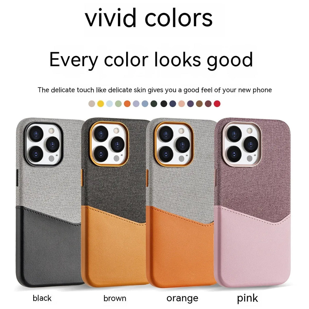 Leather magnetic card phone case for iPhone 12-15 Pro Max in black, brown, pink, orange with card slot.