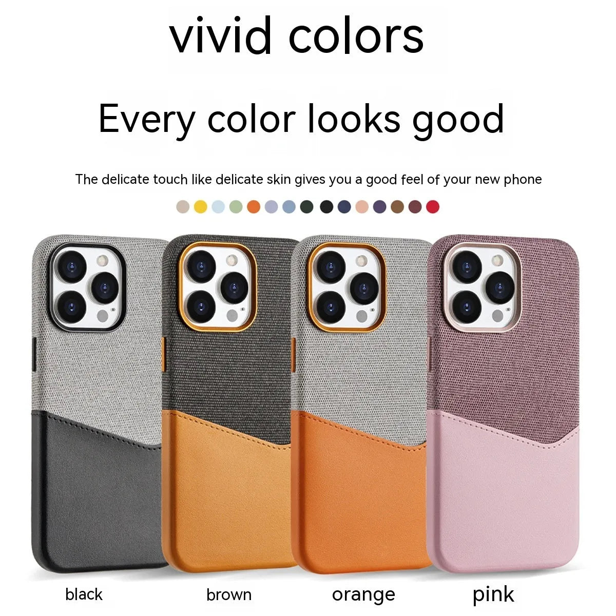 Leather magnetic card phone case for iPhone 12-15 Pro Max in black, brown, pink, orange with card slot.