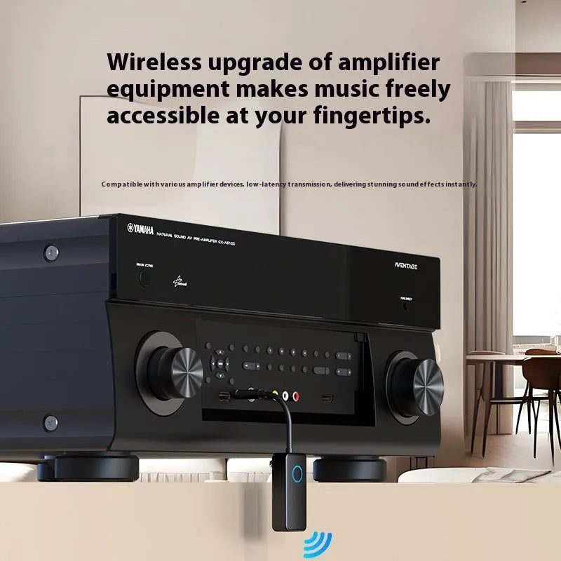 Black Bluetooth 5.4 audio adapter with a 3.5mm plug for wireless music streaming and calls.