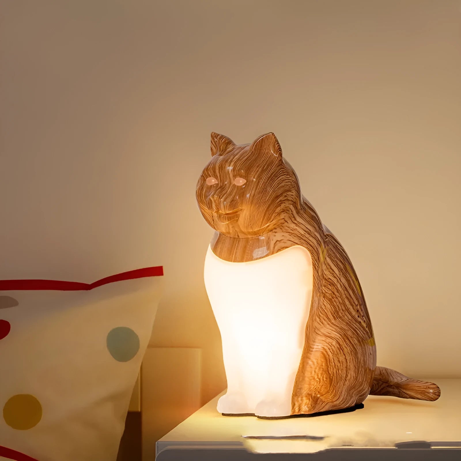 USB rechargeable cat ornament table lamp with adjustable colour temperatures on wooden surface