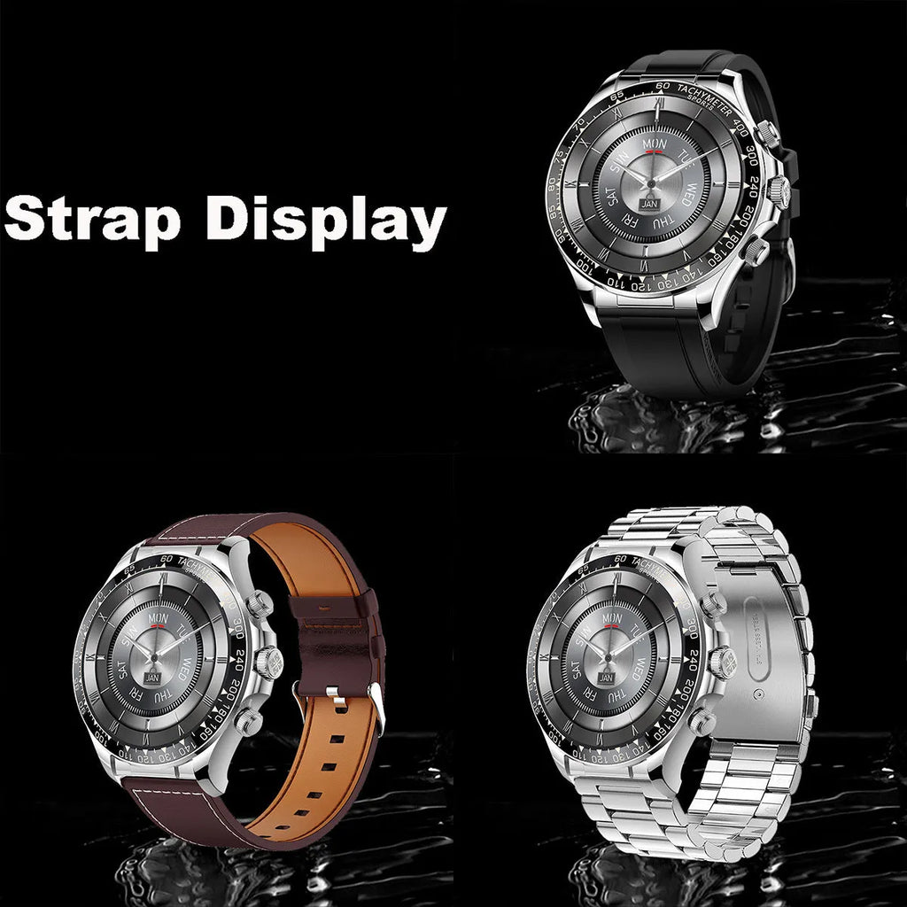 Round screen smart watch EX108 with black silicone band showing time display on IPS touch screen