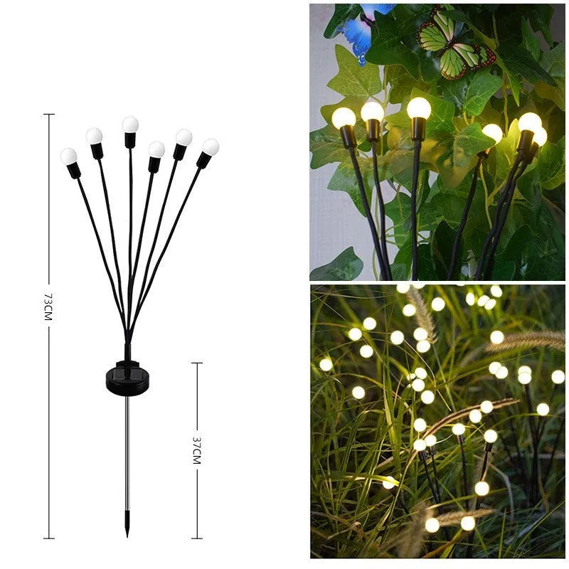 Solar-powered LED garden ground light with multiple light heads and a pneumatic foot pedal for installation.