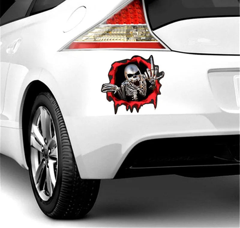 Reflective metal skull bumper sticker with colourful broken shell pattern measuring 15cm by 14cm