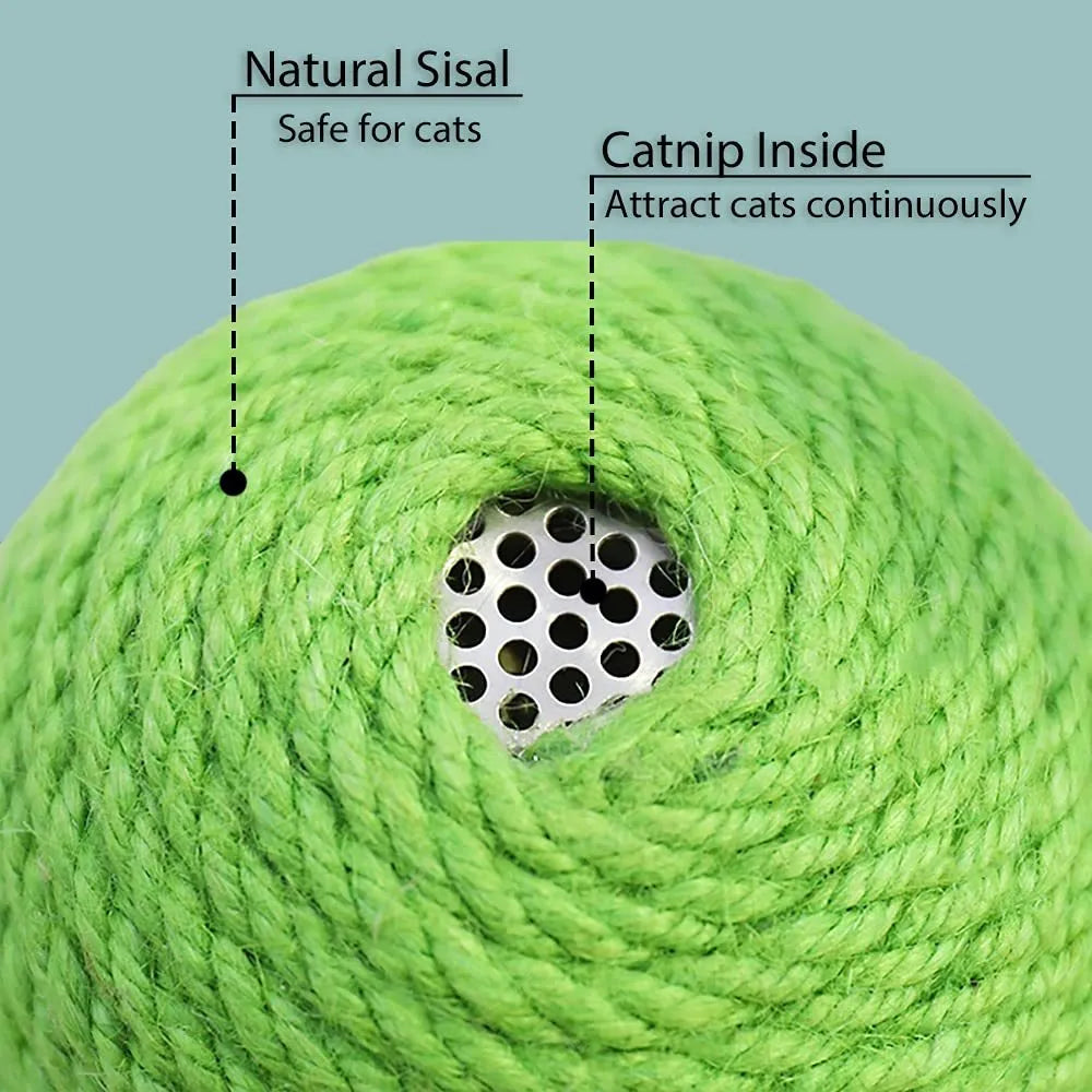 Green interactive cat scratcher ball with natural sisal cactus design and hanging accessories for indoor feline play