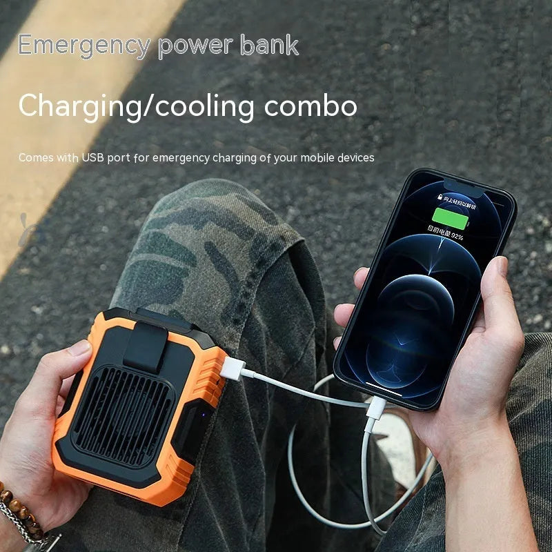 Green wrist-mounted fan with LED light and USB charging port showing three-speed controls