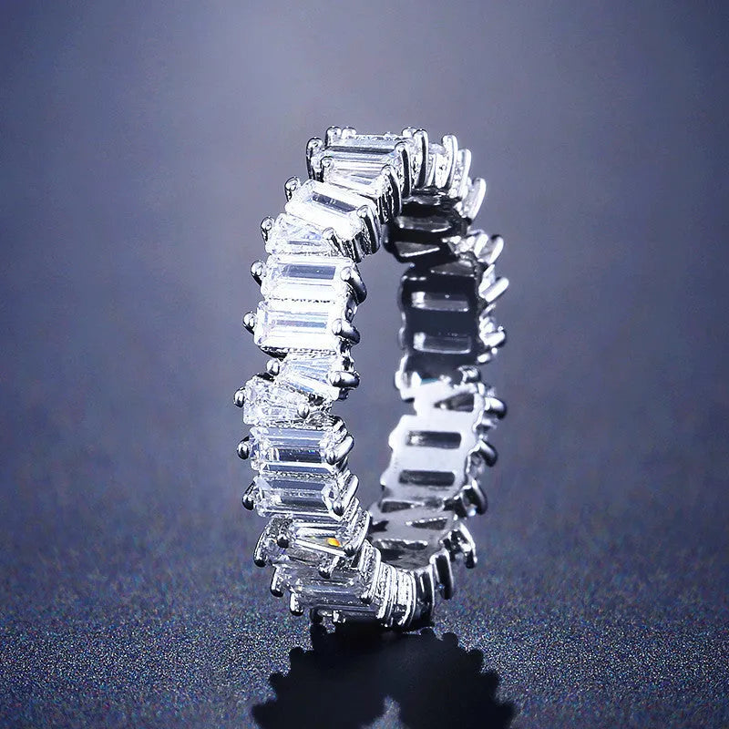 Women's geometric copper ring with micro inlaid AAA zircon in white gold plating, side view