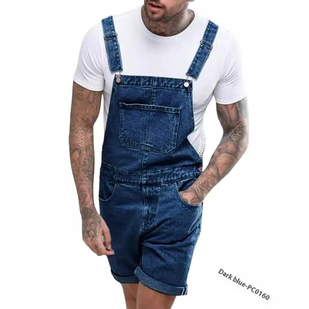 Mid-waist denim suspender shorts with elastic fabric and zipper fly in three colour options