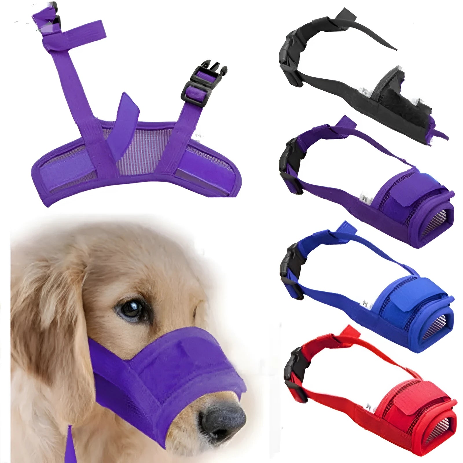 Adjustable plastic dog muzzle for biting and barking control, shown in multiple colour options.