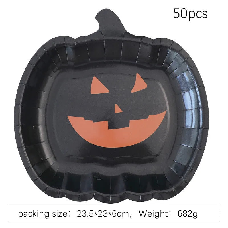 Black Halloween disposable paper plates with pumpkin designs, 9-inch diameter