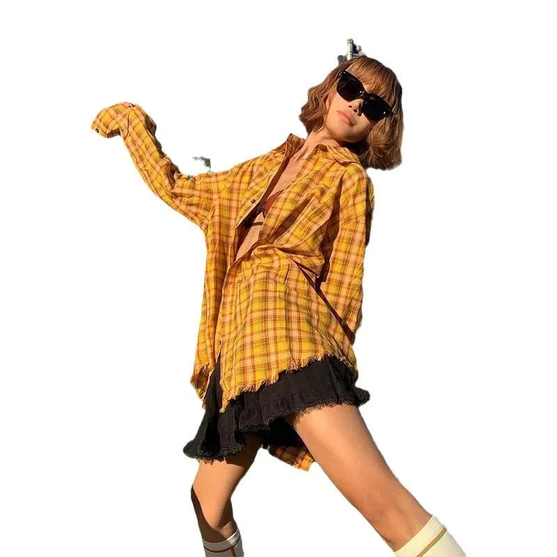 Dopamine Yellow loose fit plaid shirt for men and women on a hanger.