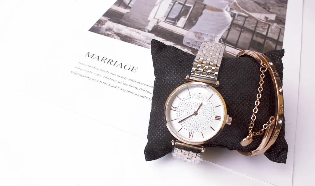 Silver gypsophila watch and bracelet two-piece set for women with quartz movement