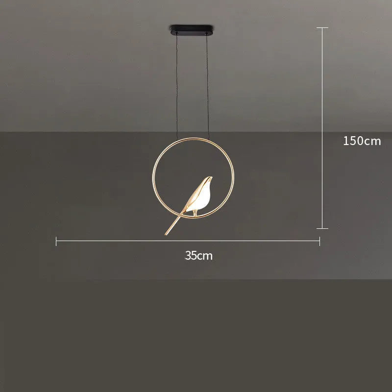 Modern linear chandelier with a minimalist metal magpie bird design and clear acrylic details, hanging 150cm long.