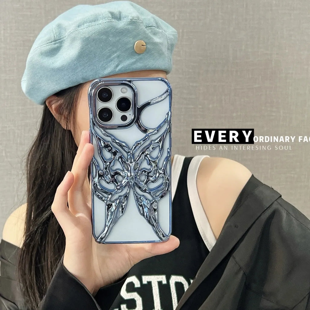 TPU mobile phone case with hollow butterfly electroplated design in silver, suitable for Apple iPhone 16 Pro