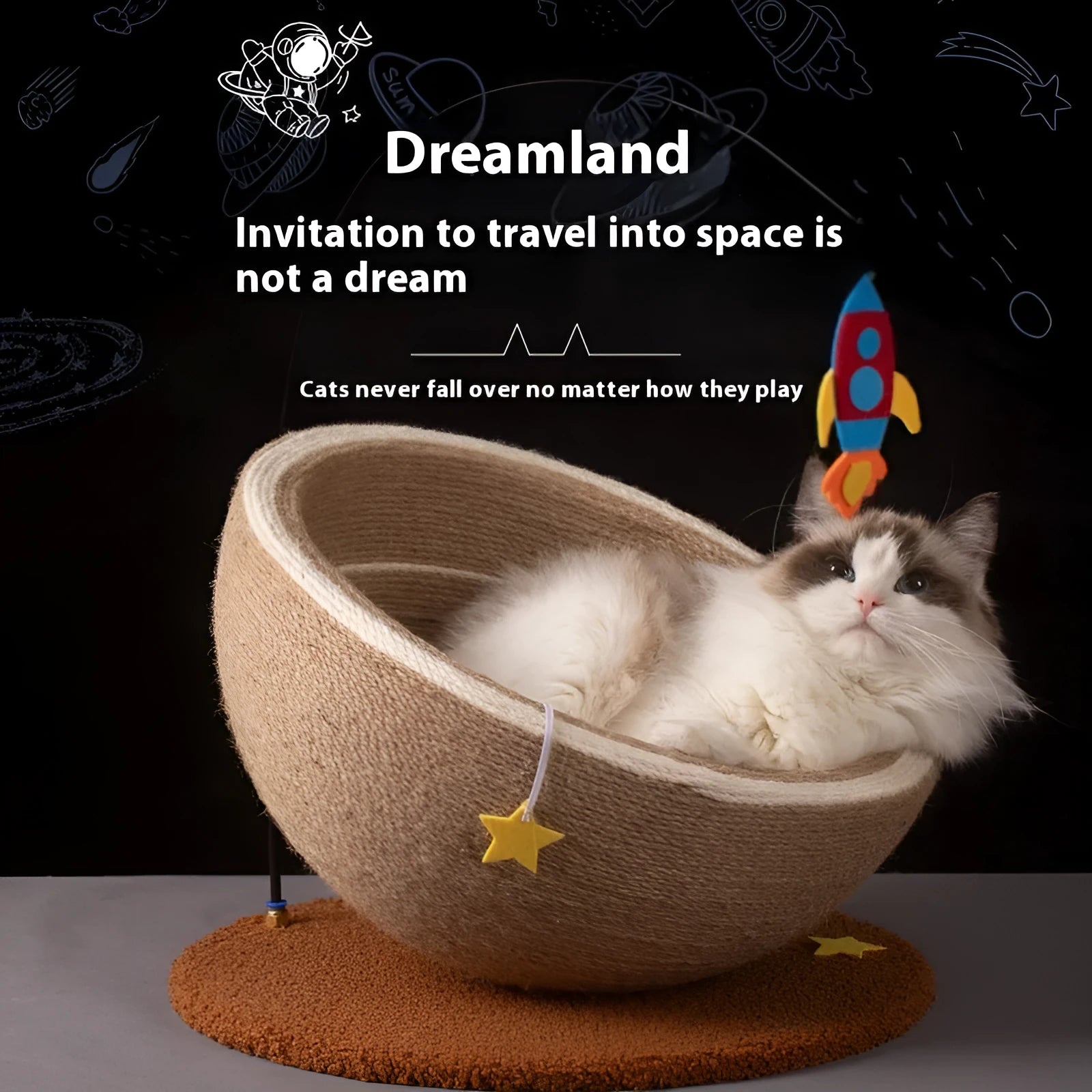 Large integrated cat scratching basin nest with sisal rope posts and flannel lining in starlight sisal colour.