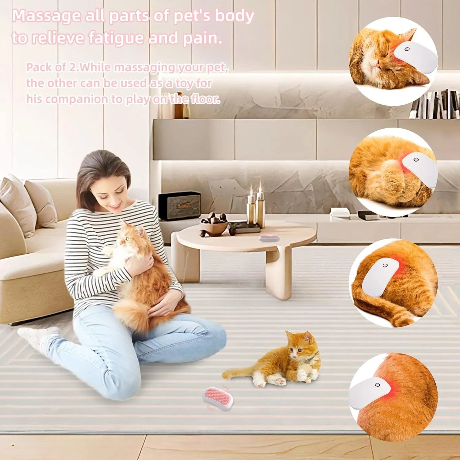 Pink handheld electric pet massage brush with soft TPE teeth on a white background