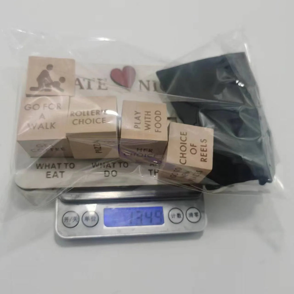 Wooden date night dice game set with five natural wood dice and planner board for couples
