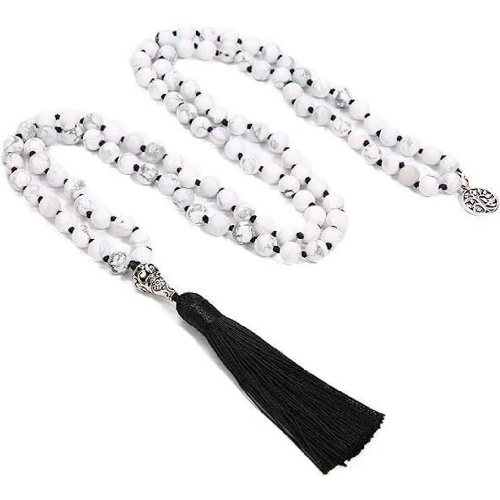 Handmade knotted stone bead necklace with 108 8mm beads in natural colours