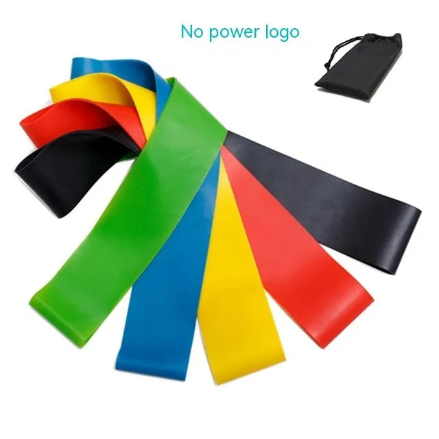 Five colour-coded yoga tension straps in green, blue, yellow, red, and black with force marks