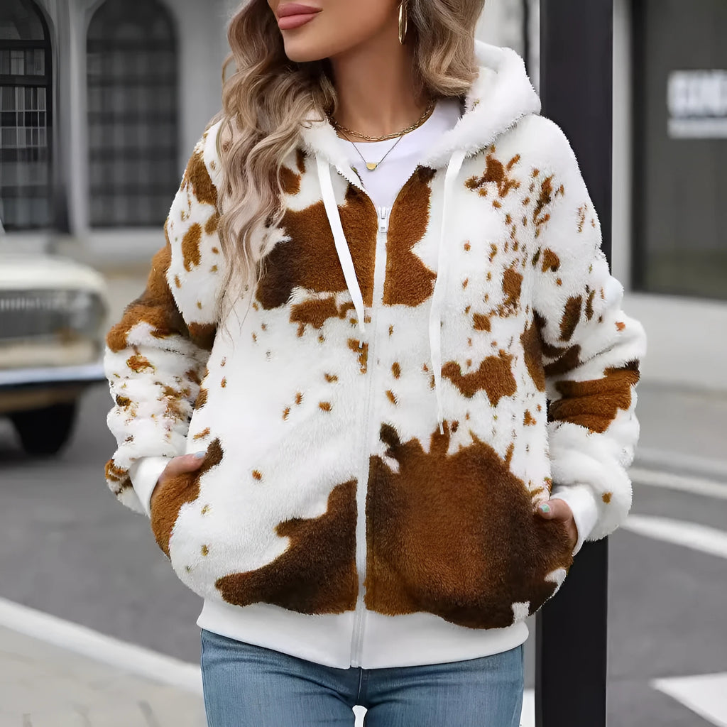 Yellow brown cow animal print hooded cardigan jacket with full zipper and regular sleeves