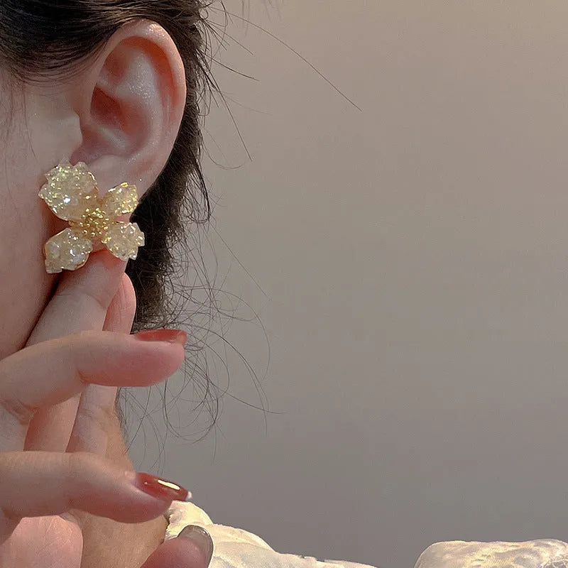 Camellia geometric earrings with crystal inlay on alloy, light luxury style for women