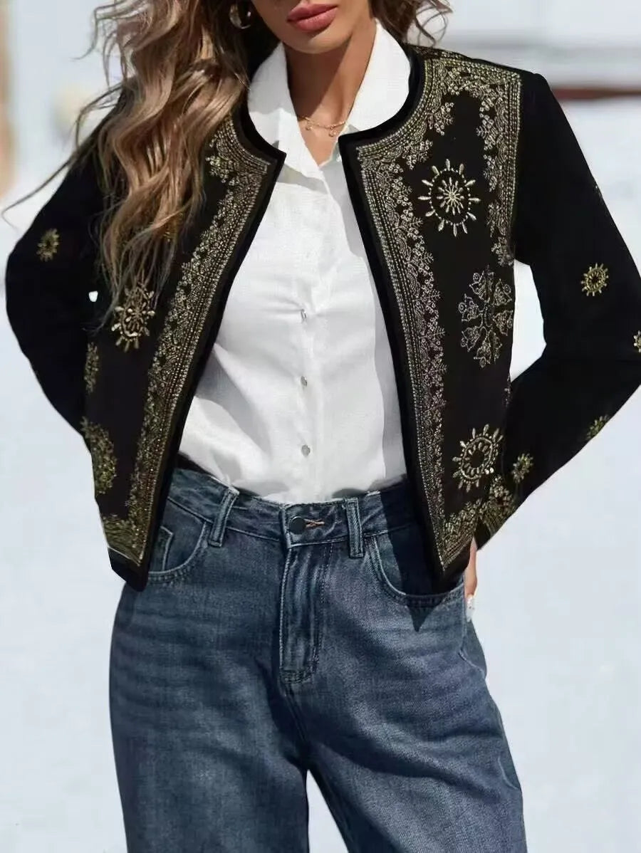 Women's casual printed hooded coat long sleeve round neck British style in milk silk polyester blend