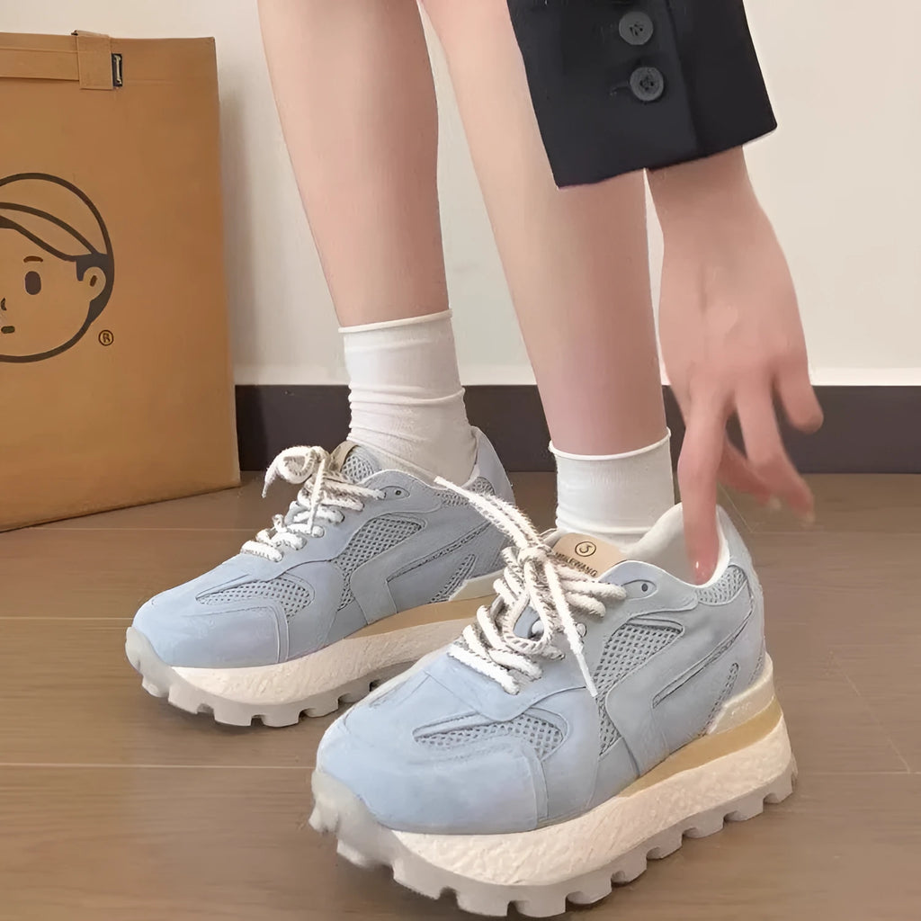 Women's height increasing insole Cortez platform shoes in apricot, white background, front lace-up sneaker style