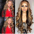 Front lace wig with long curly brown gradient hair and a side fringe.