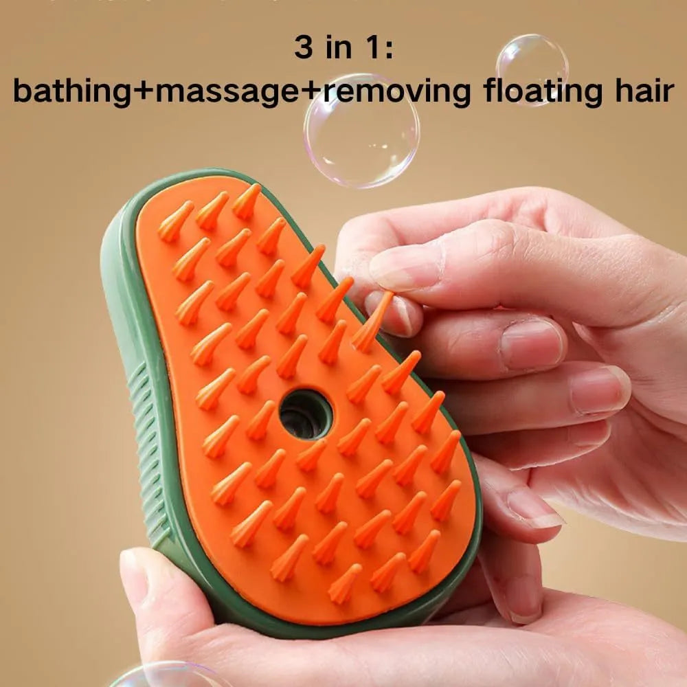 Green and white rechargeable cat steam brush with silicone teeth and water spray button.