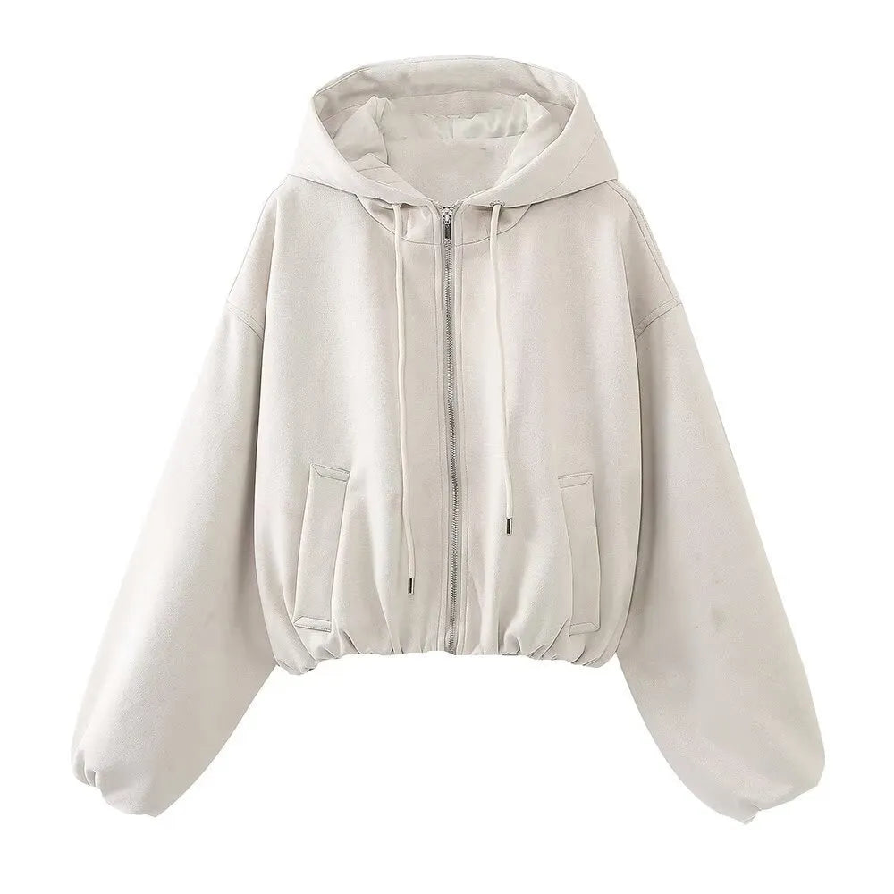 Women's suede hooded jacket in black or white colour showing casual styling and hood detail
