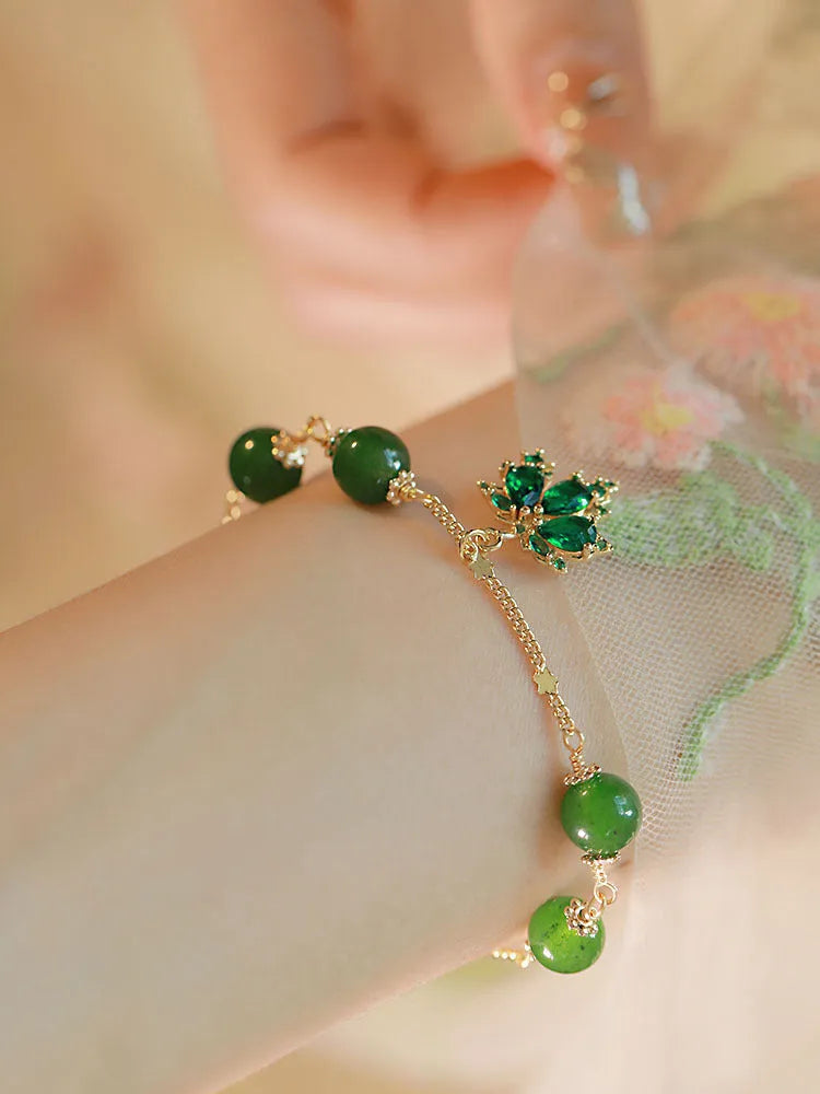 Women's green chalcedony bracelet with zircon maple leaf pendant on adjustable chain