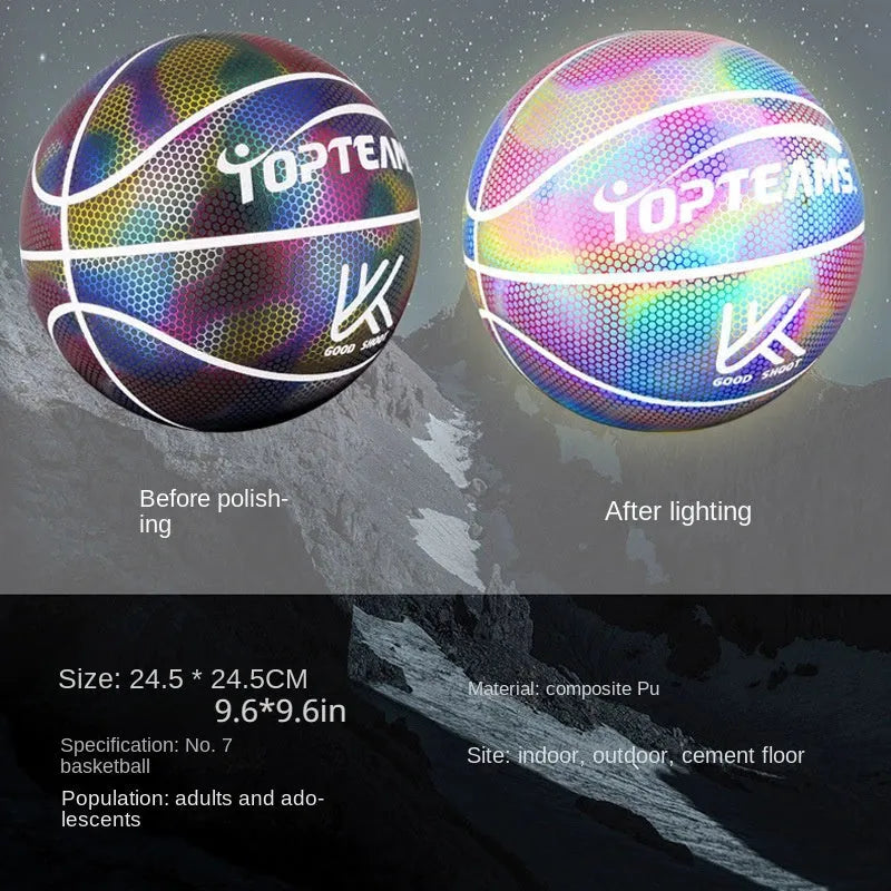 Holographic luminous reflective basketball size 7 with fluorescent design on PU surface