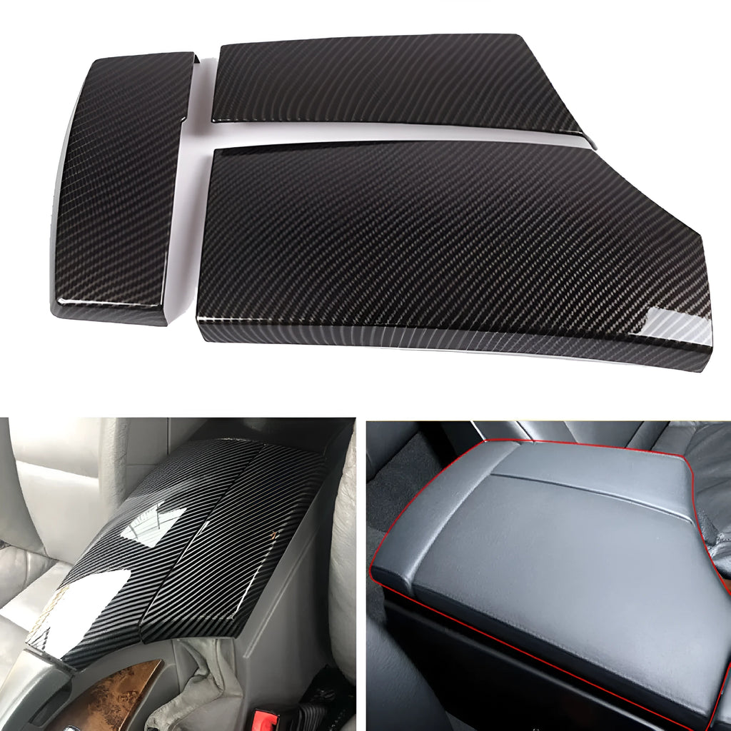 Three-piece set of glossy black ABS car armrest box covers with a carbon fibre weave pattern.