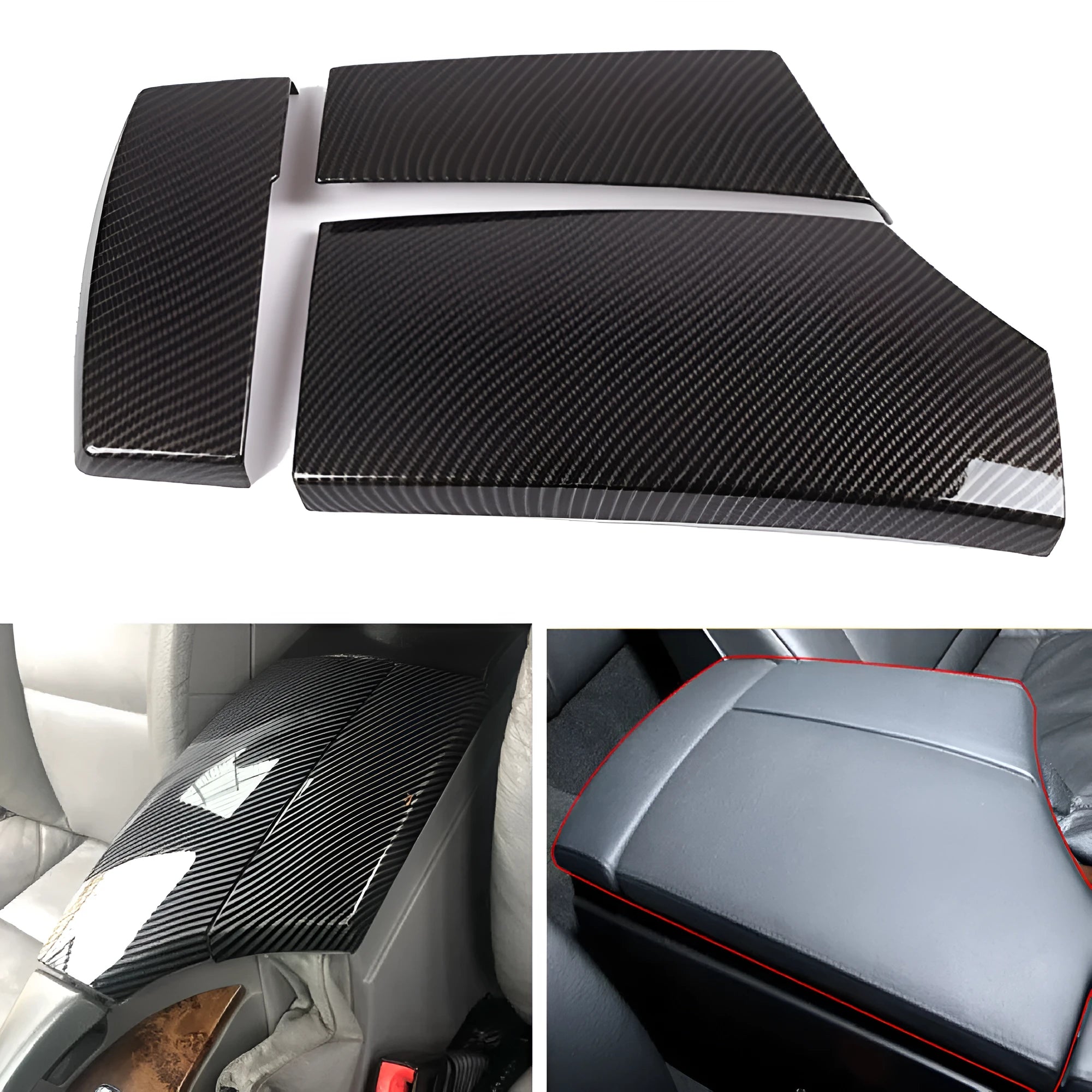 Three-piece set of glossy black ABS car armrest box covers with a carbon fibre weave pattern.