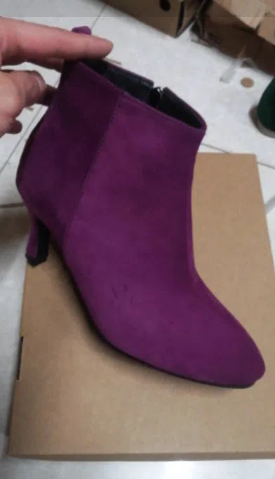 Women's suede pointed toe high heel boots in green with low shaft and cotton lining