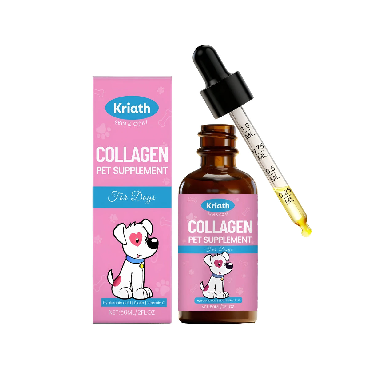 Collagen for dogs 60ml liquid supplement dropper bottle with vitamin C, biotin and hyaluronic acid