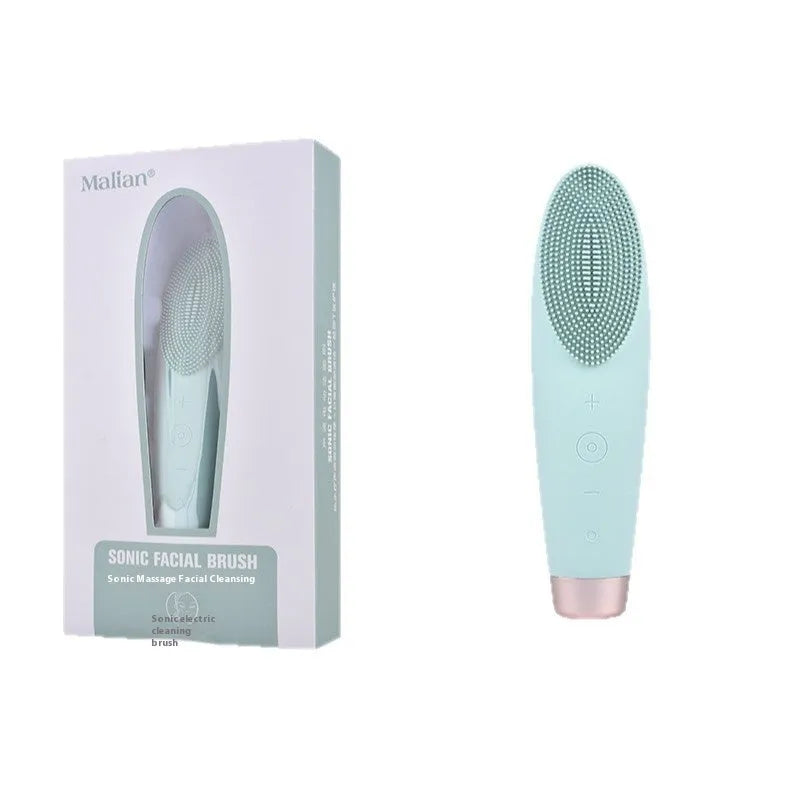 Green rechargeable silicone facial cleanser with seven speed settings and ABS body