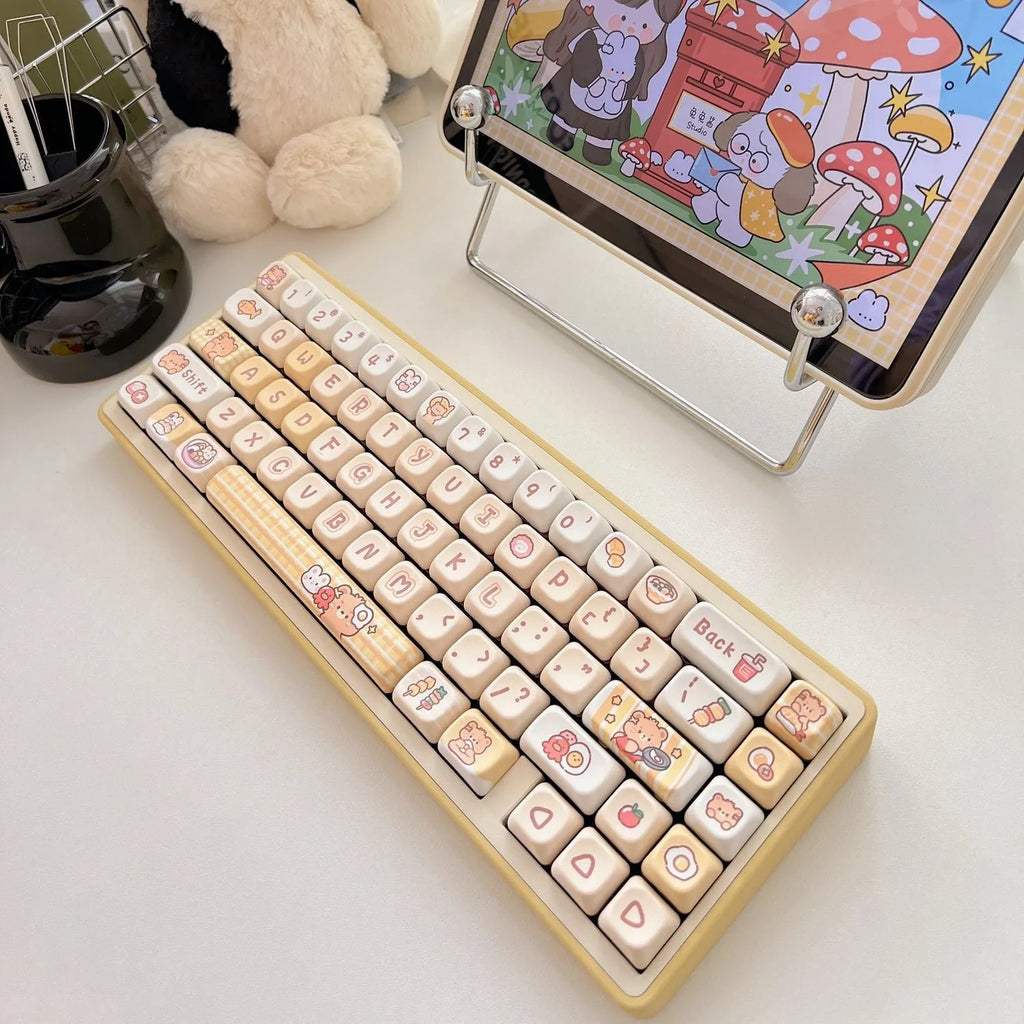 Rabbit Bear Restaurant themed PBT plastic keycap set with 140 pieces in EOA height profile.