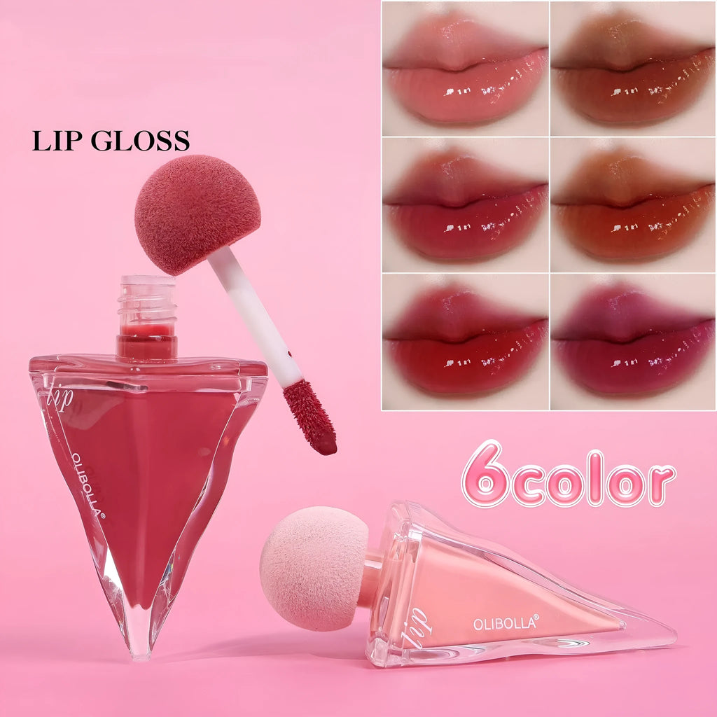 Glossy Mirror Triangle Bottle Lipstick in a modern triangle bottle, available in six shades for all skin types